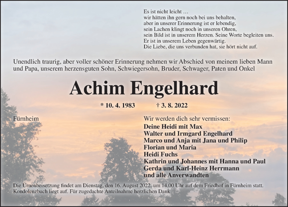  Traueranzeige für Achim Engelhard vom 13.08.2022 aus Dinkelsbühl/ Feuchtwangen