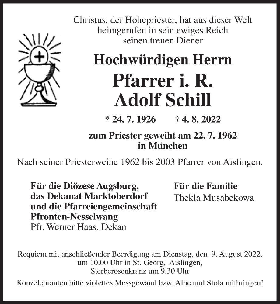  Traueranzeige für Adolf Schill vom 06.08.2022 aus Dinkelsbühl/ Feuchtwangen