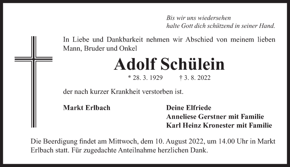  Traueranzeige für Adolf Schülein vom 06.08.2022 aus Neustadt/ Scheinfeld/ Uffenheim