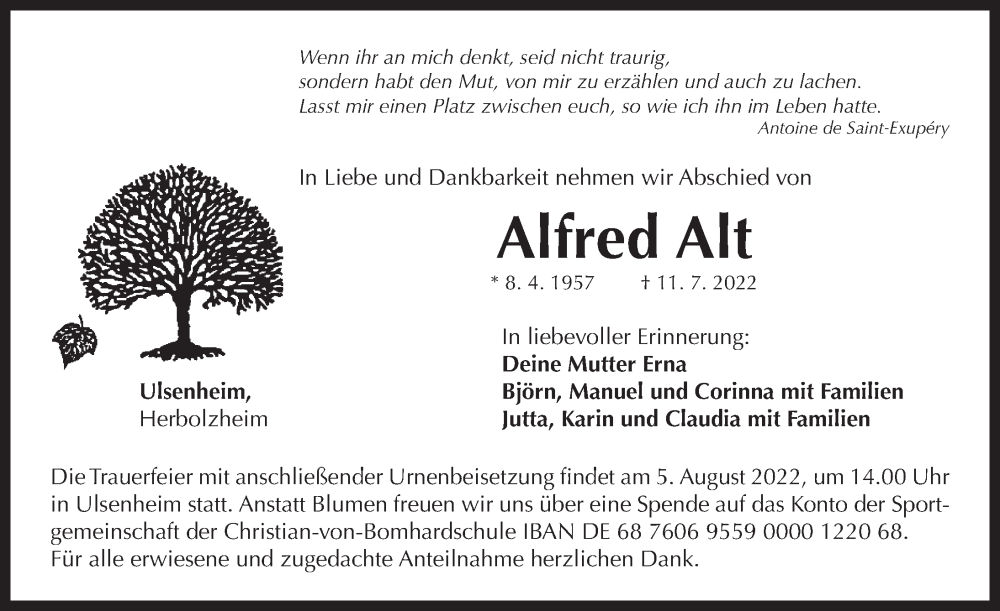  Traueranzeige für Alfred Alt vom 01.08.2022 aus Neustadt/ Scheinfeld/ Uffenheim