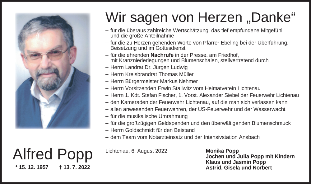  Traueranzeige für Alfred Popp vom 06.08.2022 aus Ansbach