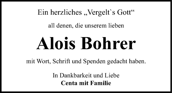 Traueranzeige von Alois Bohrer von Ansbach