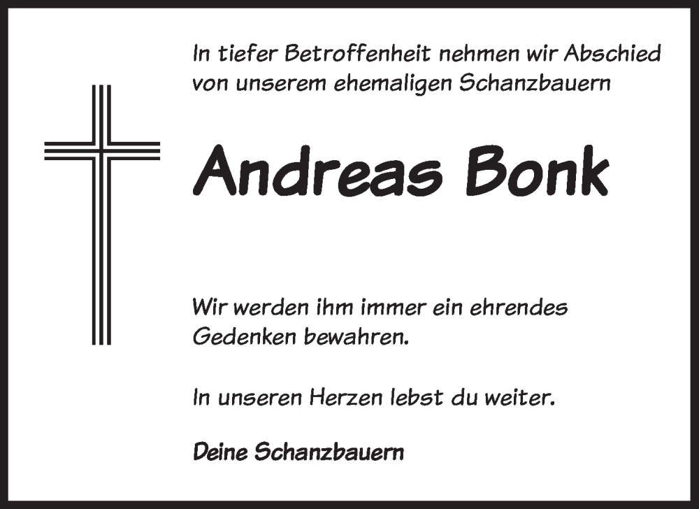  Traueranzeige für Andreas Bonk vom 09.08.2022 aus Rothenburg