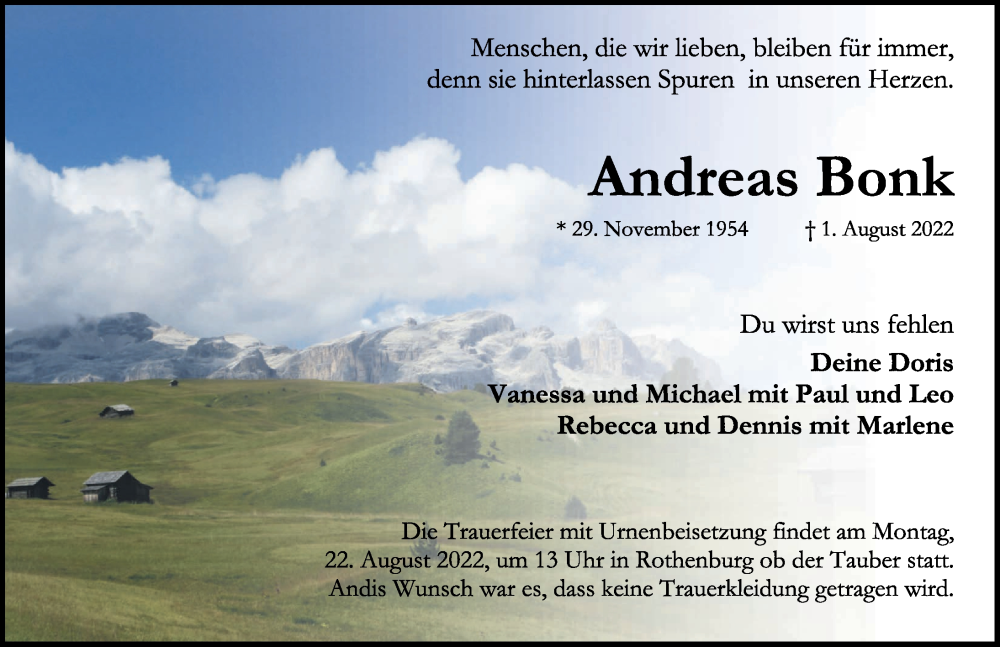  Traueranzeige für Andreas Bonk vom 05.08.2022 aus Rothenburg