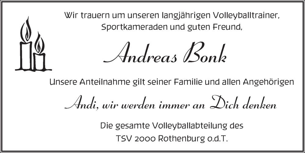  Traueranzeige für Andreas Bonk vom 08.08.2022 aus Rothenburg