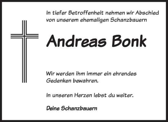 Traueranzeige von Andreas Bonk von Rothenburg