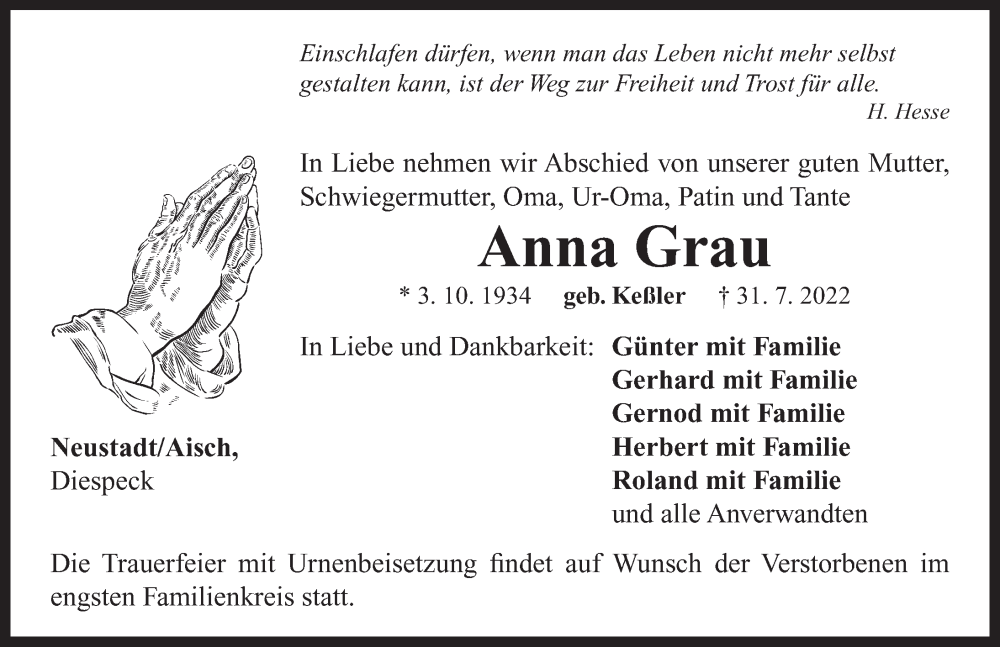  Traueranzeige für Anna Grau vom 03.08.2022 aus Neustadt/ Scheinfeld/ Uffenheim