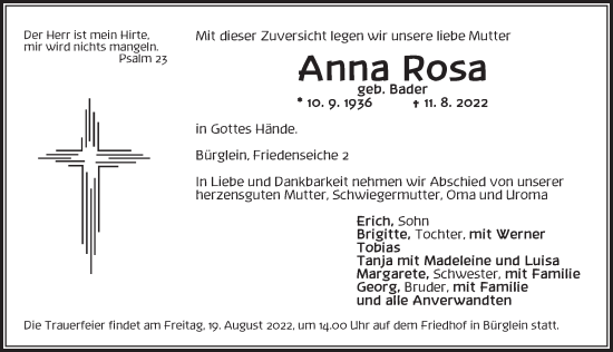 Traueranzeige von Anna Rosa von Ansbach