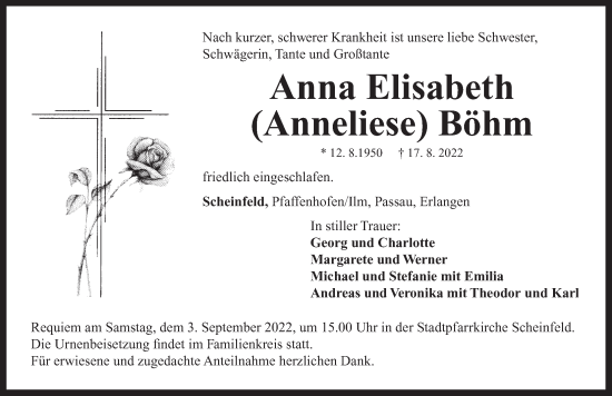 Traueranzeige von Anna Elisabeth Böhm von Neustadt/ Scheinfeld/ Uffenheim