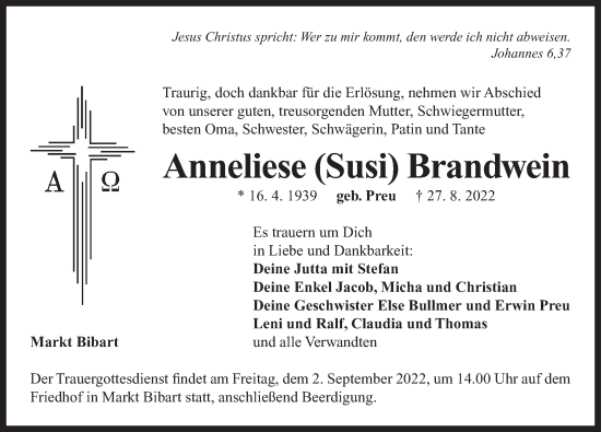 Traueranzeige von Anneliese Brandwein von Neustadt/ Scheinfeld/ Uffenheim