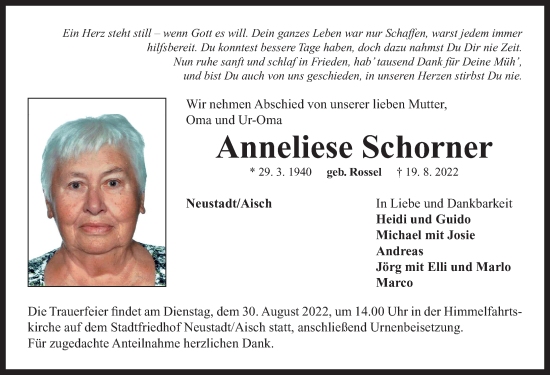 Traueranzeige von Anneliese Schorner von Neustadt/ Scheinfeld/ Uffenheim