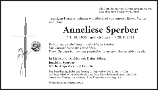 Traueranzeige von Anneliese Sperber von Ansbach