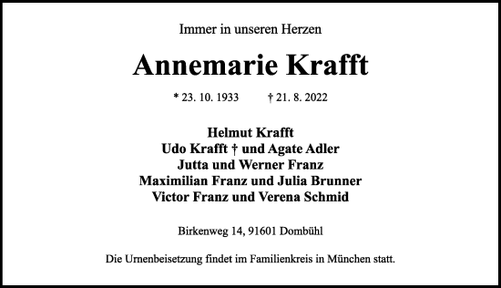 Traueranzeige von Annemarie Krafft von Rothenburg