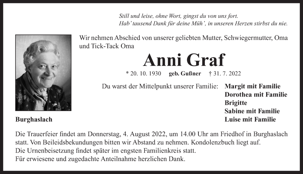  Traueranzeige für Anni Graf vom 02.08.2022 aus Neustadt/ Scheinfeld/ Uffenheim