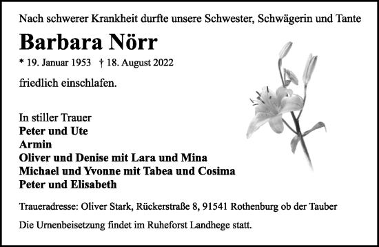 Traueranzeige von Barbara Nörr von Rothenburg