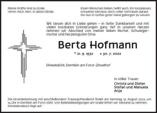 Traueranzeige von Berta Hofmann von Dinkelsbühl/ Feuchtwangen