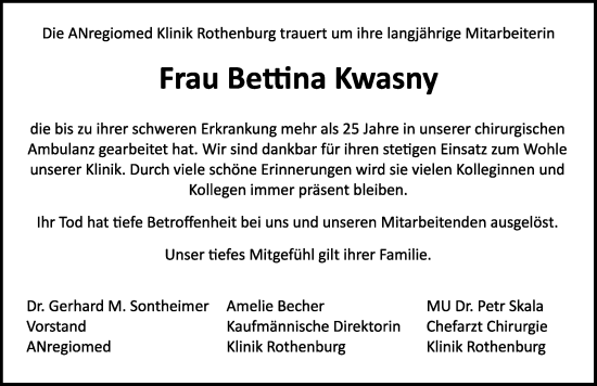 Traueranzeige von Bettina Kwasny von Rothenburg