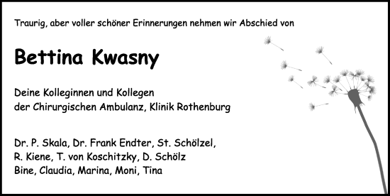 Traueranzeige von Bettina Kwasny von Rothenburg