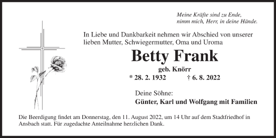 Traueranzeige von Betty Frank von Ansbach