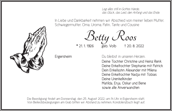 Traueranzeige von Betty Roos von Neustadt/ Scheinfeld/ Uffenheim