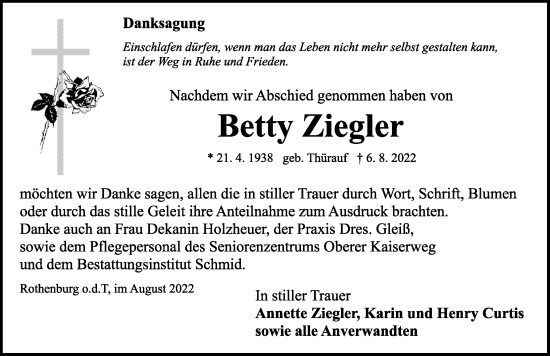 Traueranzeige von Betty Ziegler von Rothenburg