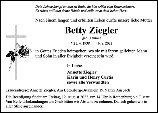 Traueranzeige von Betty Ziegler von Rothenburg