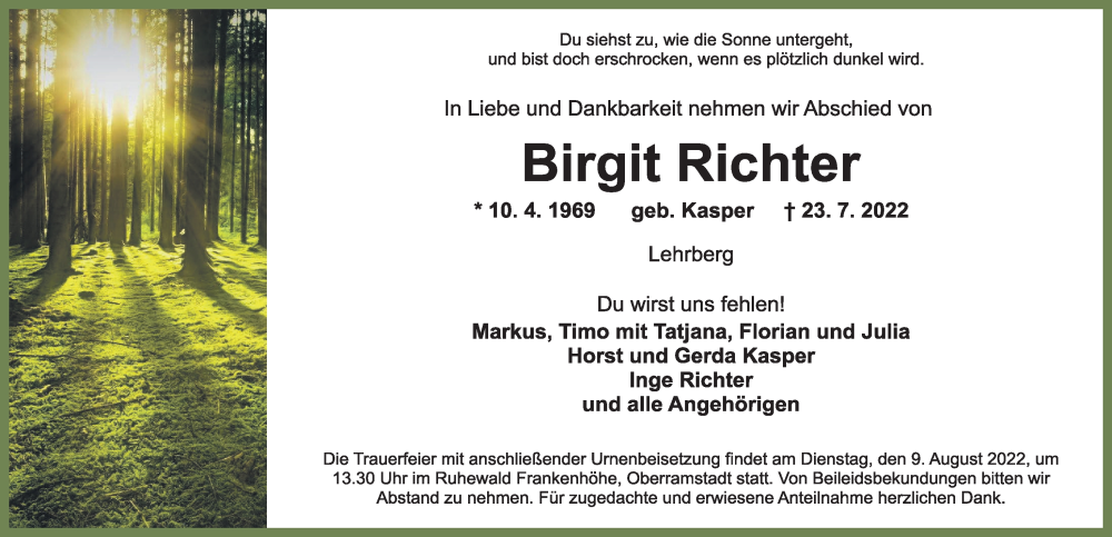  Traueranzeige für Birgit Richter vom 06.08.2022 aus Ansbach