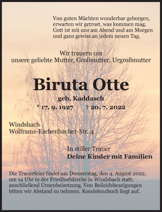 Traueranzeige von Biruta Otte von Ansbach