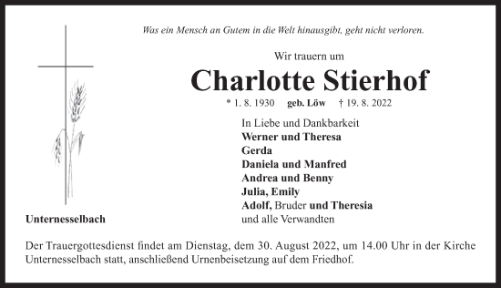 Traueranzeige von Charlotte Stierhof von Neustadt/ Scheinfeld/ Uffenheim