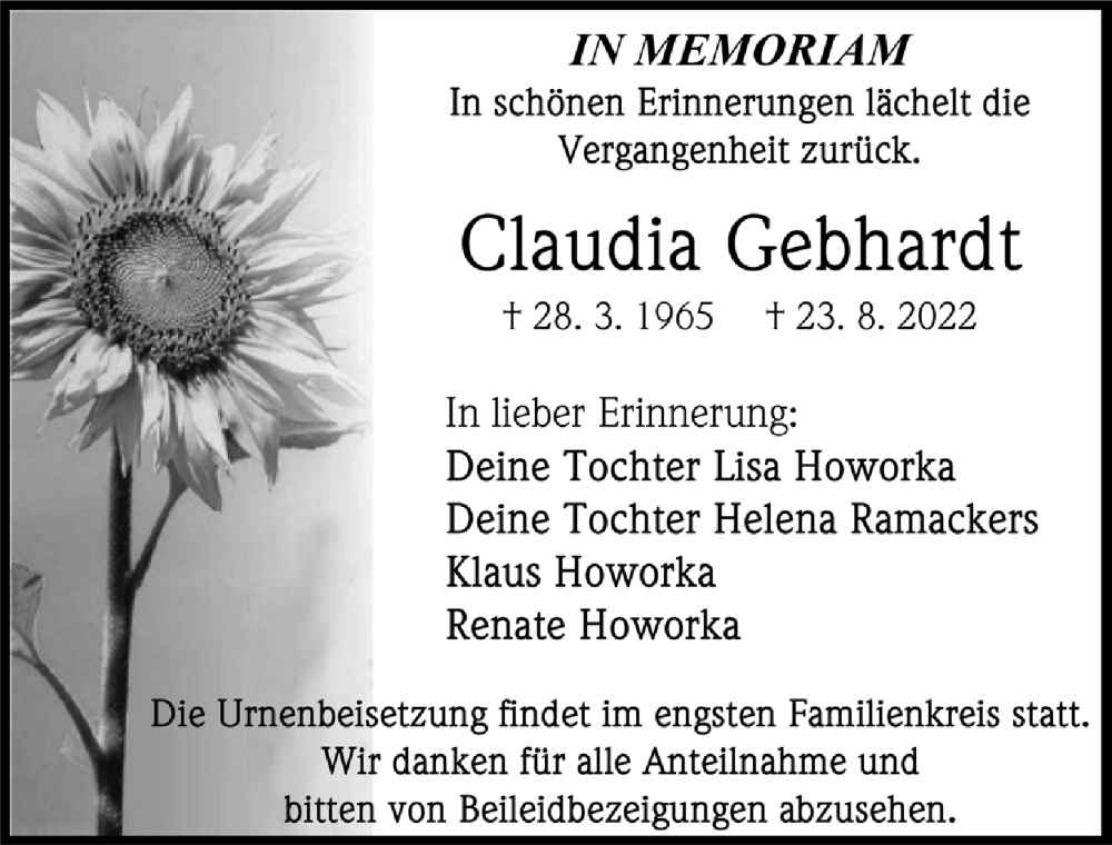  Traueranzeige für Claudia Gebhardt vom 27.08.2022 aus Ansbach