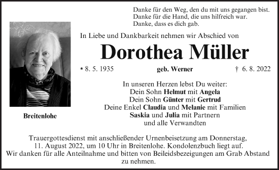 Traueranzeige von Dorothea Müller von Neustadt/ Scheinfeld/ Uffenheim