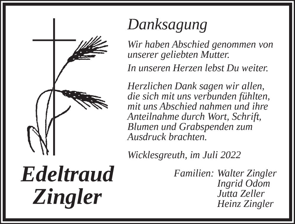  Traueranzeige für Edeltraud Zingler vom 06.08.2022 aus Ansbach