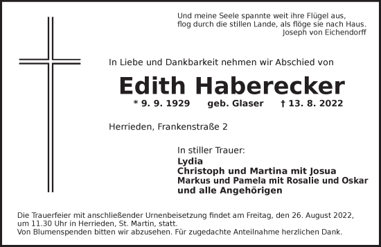 Traueranzeige von Edith Haberecker von Ansbach