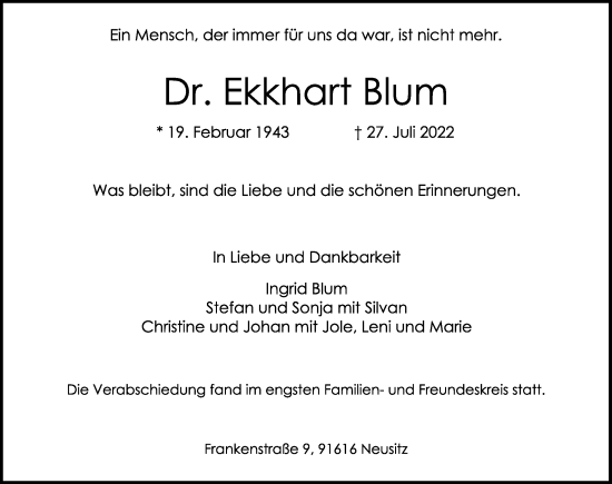 Traueranzeige von Ekkhart Blum von Rothenburg