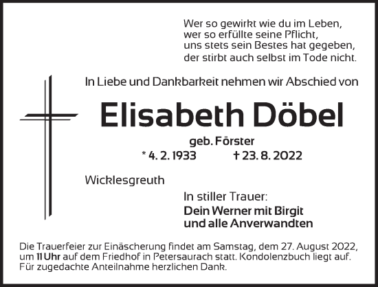 Traueranzeige von Elisabeth Döbel von Ansbach