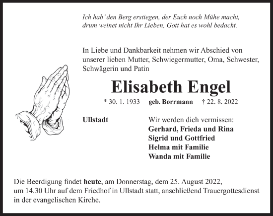 Traueranzeige von Elisabeth Engel von Neustadt/ Scheinfeld/ Uffenheim