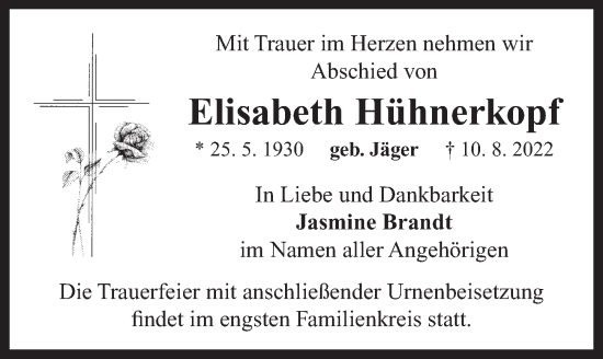 Traueranzeige von Elisabeth Hühnerkopf von Neustadt/ Scheinfeld/ Uffenheim