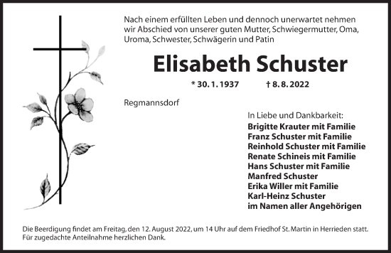 Traueranzeige von Elisabeth Schuster von Ansbach