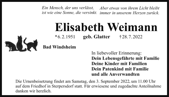 Traueranzeige von Elisabeth Weimann von Neustadt/ Scheinfeld/ Uffenheim