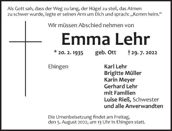 Traueranzeige von Emma Lehr von Dinkelsbühl/ Feuchtwangen