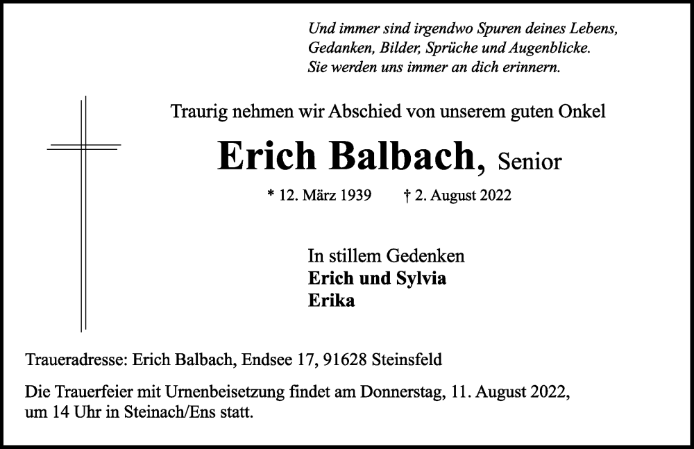  Traueranzeige für Erich Balbach vom 06.08.2022 aus Rothenburg
