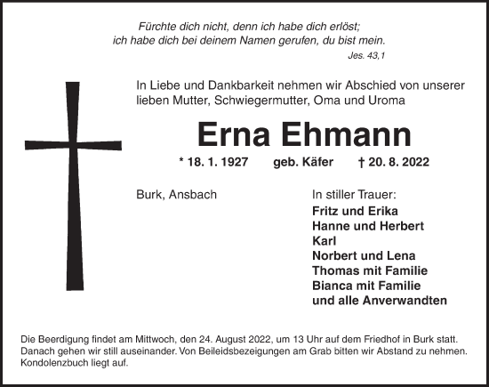 Traueranzeige von Erna Ehmann von Dinkelsbühl/ Feuchtwangen