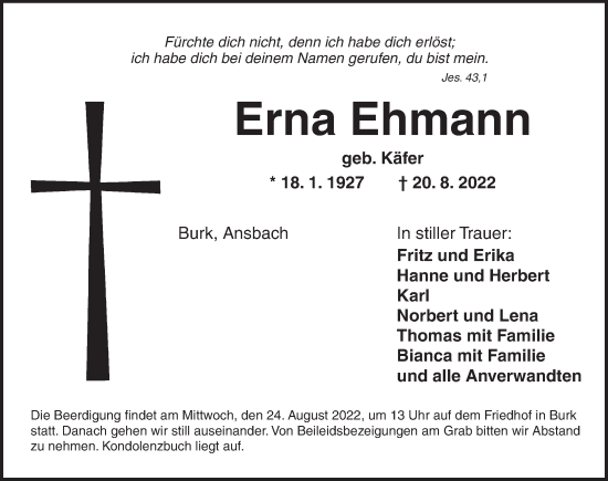 Traueranzeige von Erna Ehmann von Ansbach