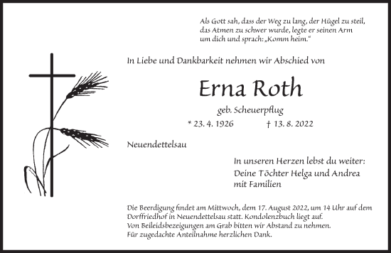 Traueranzeige von Erna Roth von Ansbach