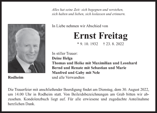 Traueranzeige von Ernst Freitag von Neustadt/ Scheinfeld/ Uffenheim