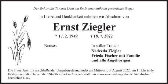 Traueranzeige von Ernst Ziegler von Ansbach