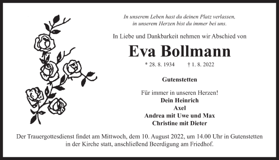Traueranzeige von Eva Bollmann von Neustadt/ Scheinfeld/ Uffenheim