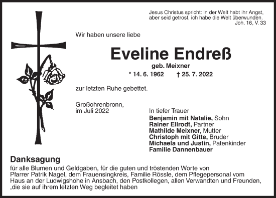 Traueranzeige von Eveline Endreß von Dinkelsbühl/ Feuchtwangen