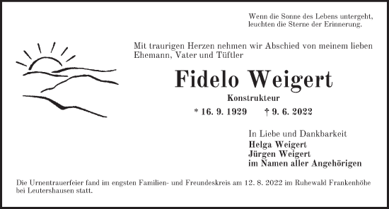 Traueranzeige von Fidelo Weigert von Dinkelsbühl/ Feuchtwangen