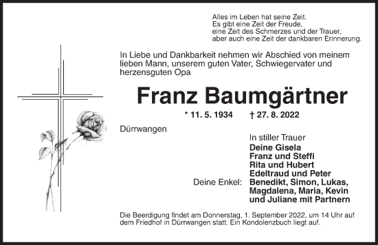 Traueranzeige von Franz Baumgärtner von Dinkelsbühl/ Feuchtwangen